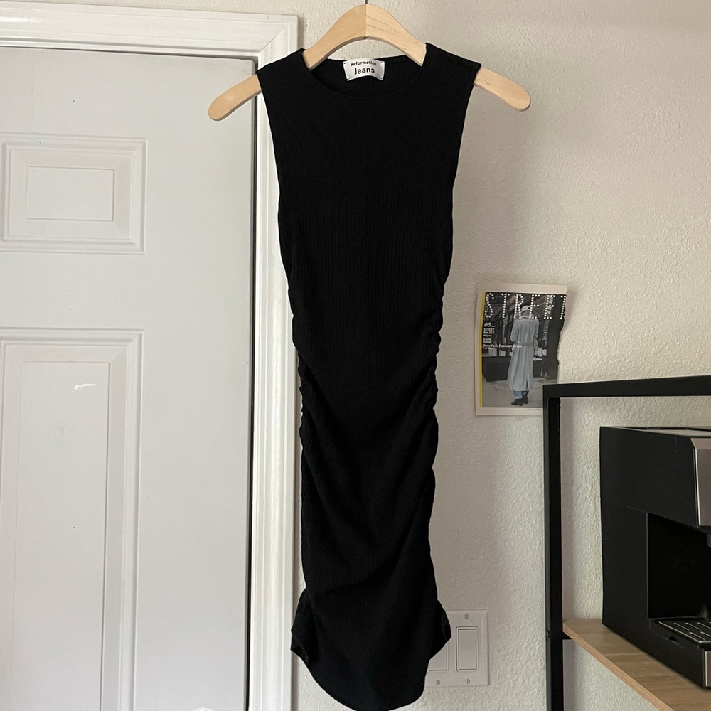 REFORMATION black organic cotton‎ lyocell blend rib knit ruched bodycon mini